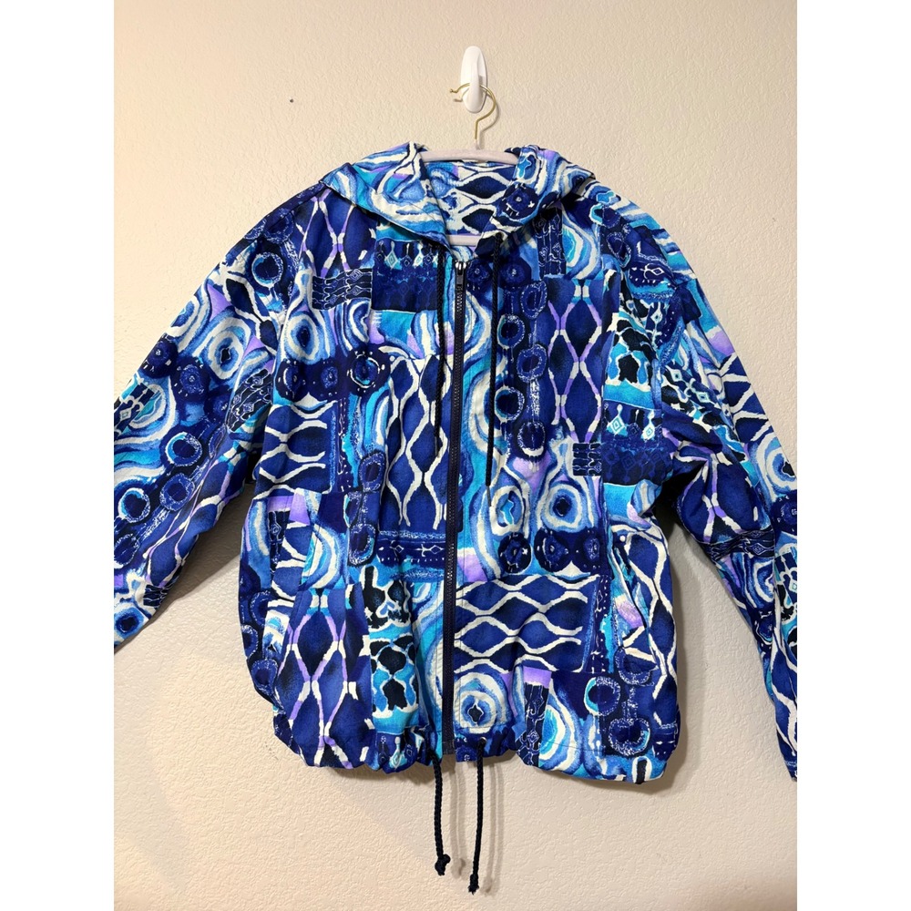 Vintage 90s Speedo Windbreaker Hooded Jacket Blue Abstract Small Made in USA